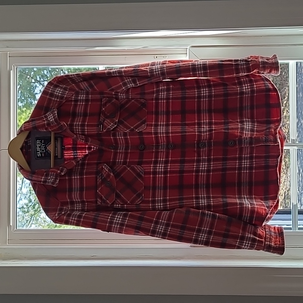 Superdry, Red plaid flannel button-down shirt, fits L
